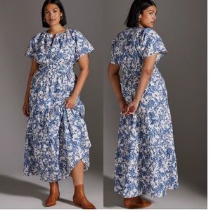 Anthropologie Maeve Somerset Blue Floral V-Neck Tiered Maxi Dress, Size 3X